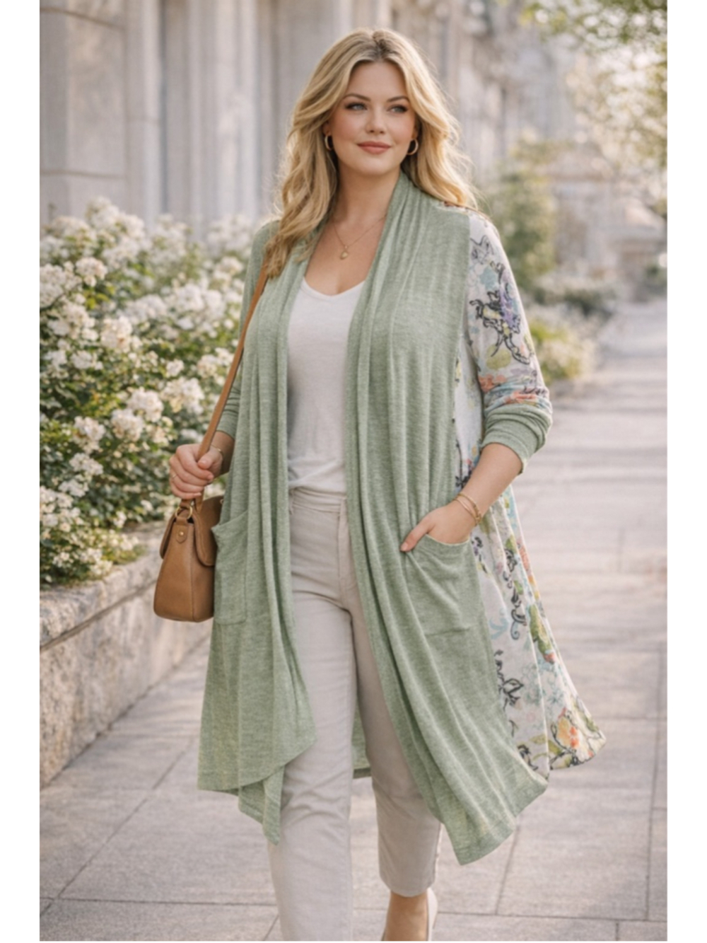Melissa McCarthy Seven7 Cardigan Womens 2X Open Front Floral Boho Green Pockets